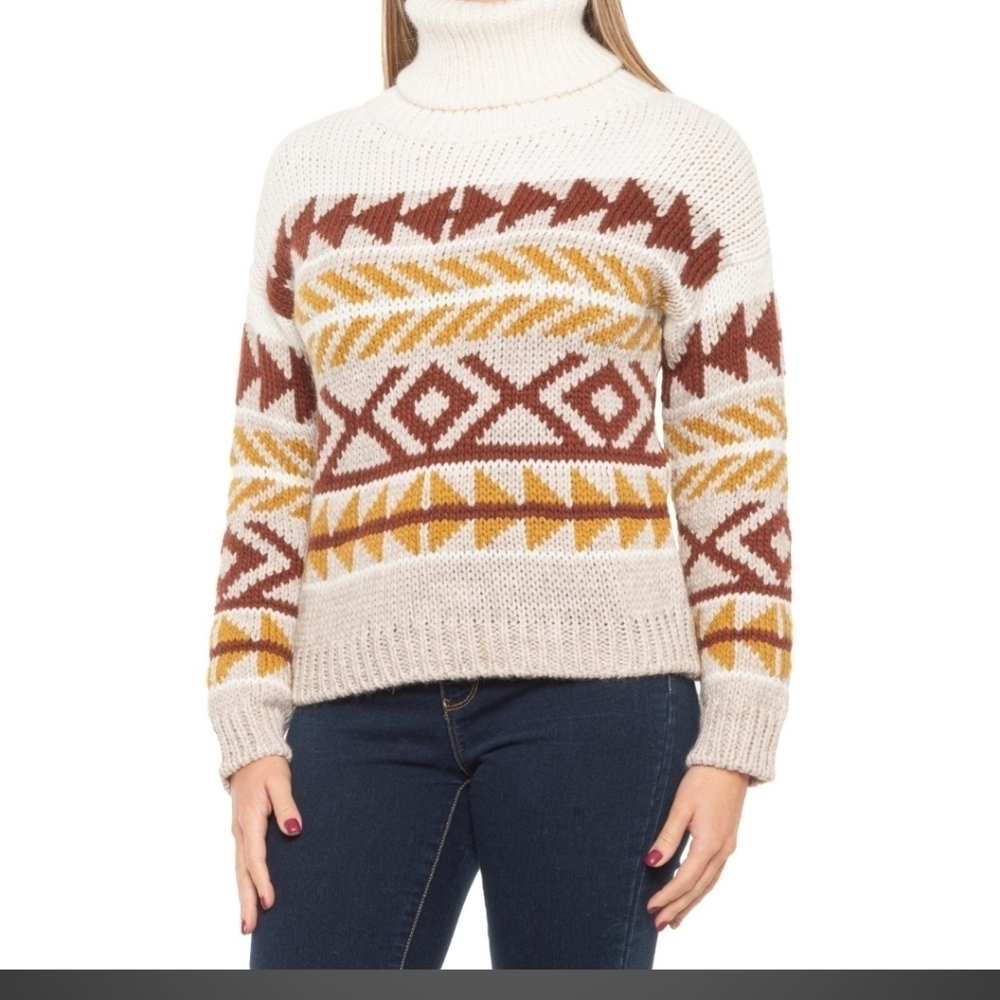 Elsamanda chunky wool alpaca blend turtleneck sweater, southwestern print, Sz S.